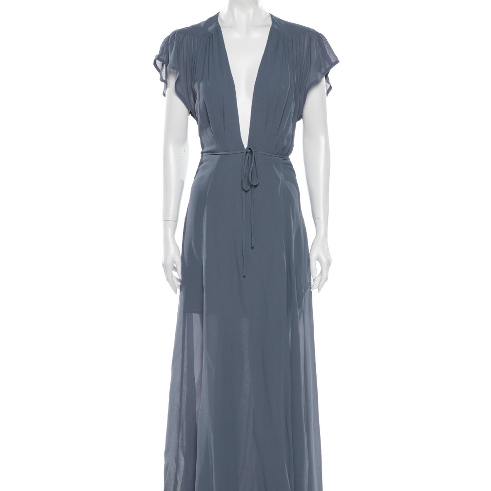 REFORMATION Rosey Plunge Dress Gown dusty blue